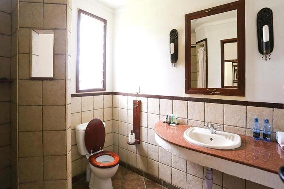 fürdőszoba WC-vel, mosdóval és tükörrel