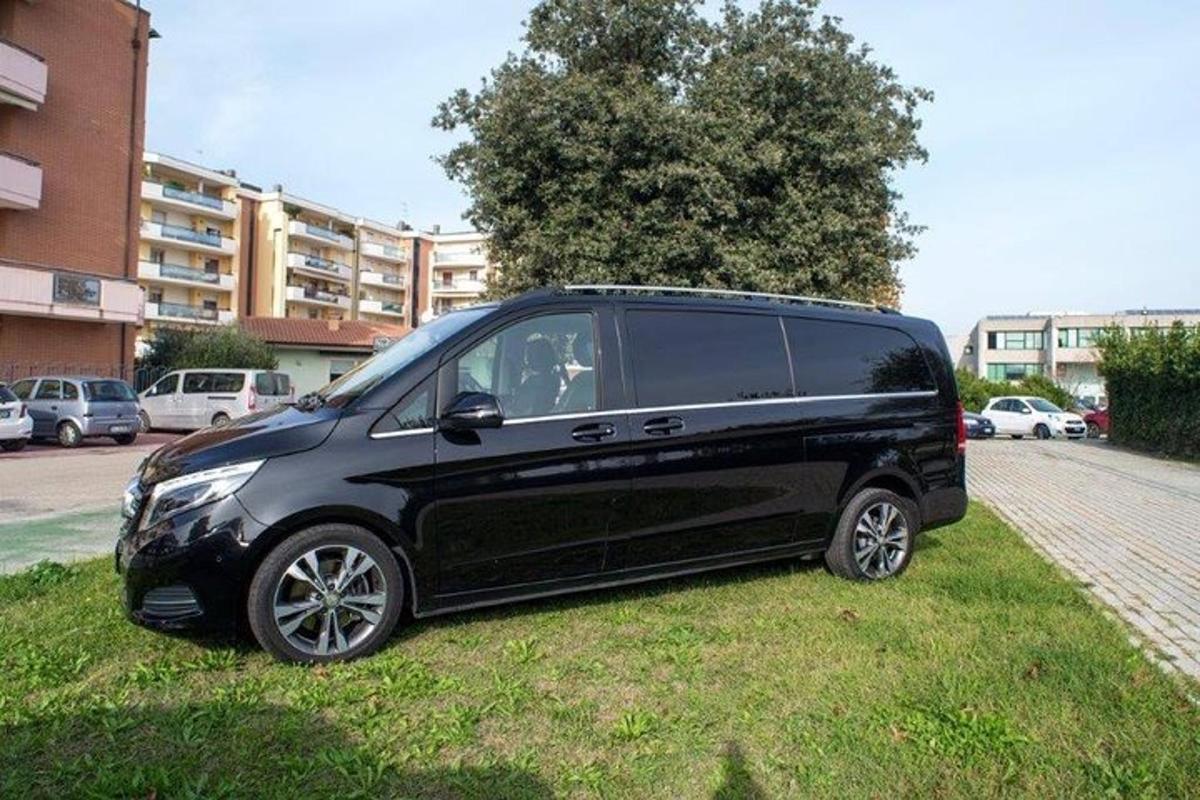een zwarte bestelwagen geparkeerd op het gras vlakbij een straat