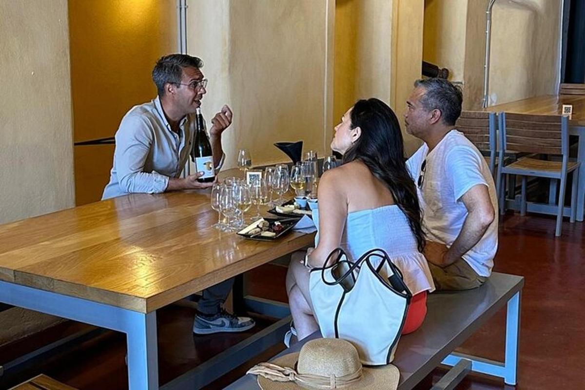 skupina ljudi, ki sedijo za mizo z vinskimi kozarci