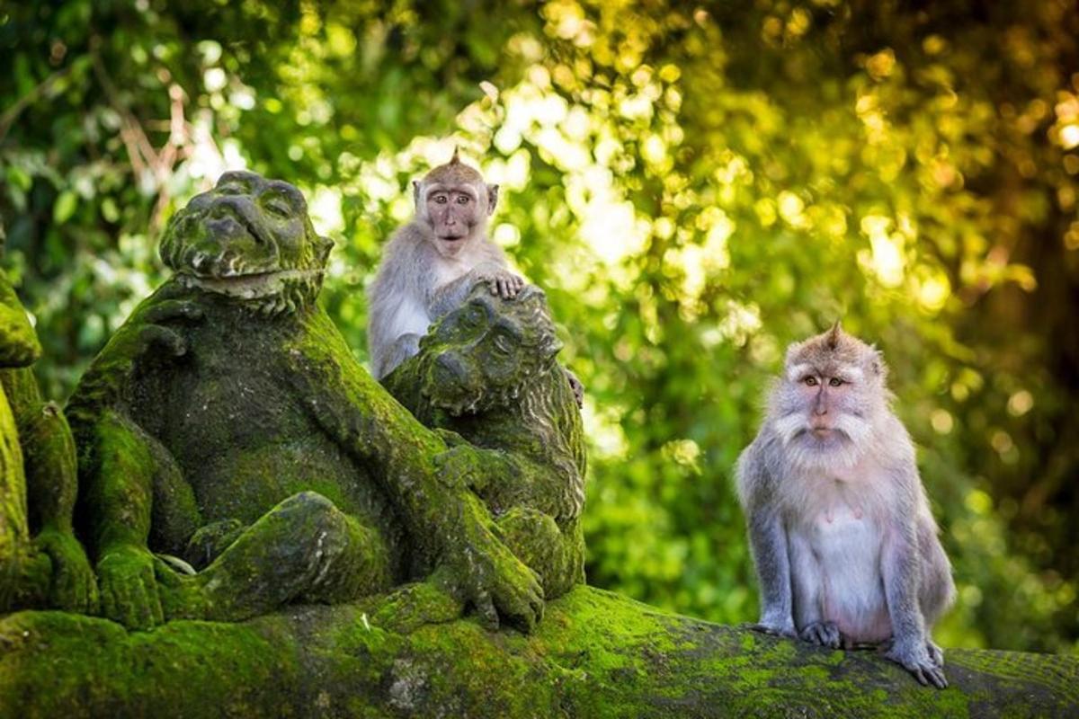 two monkeys sitting on top of a stone statue