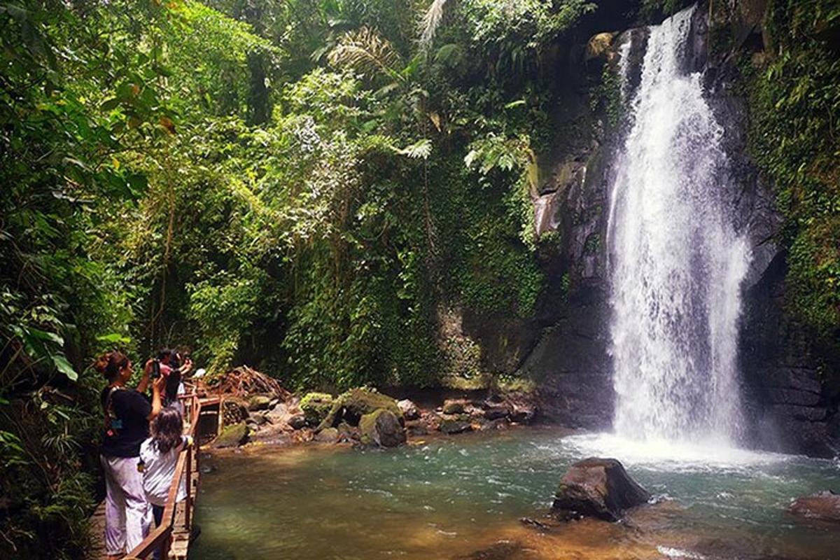 sekumpulan orang berdiri di atas jambatan berhampiran air terjun