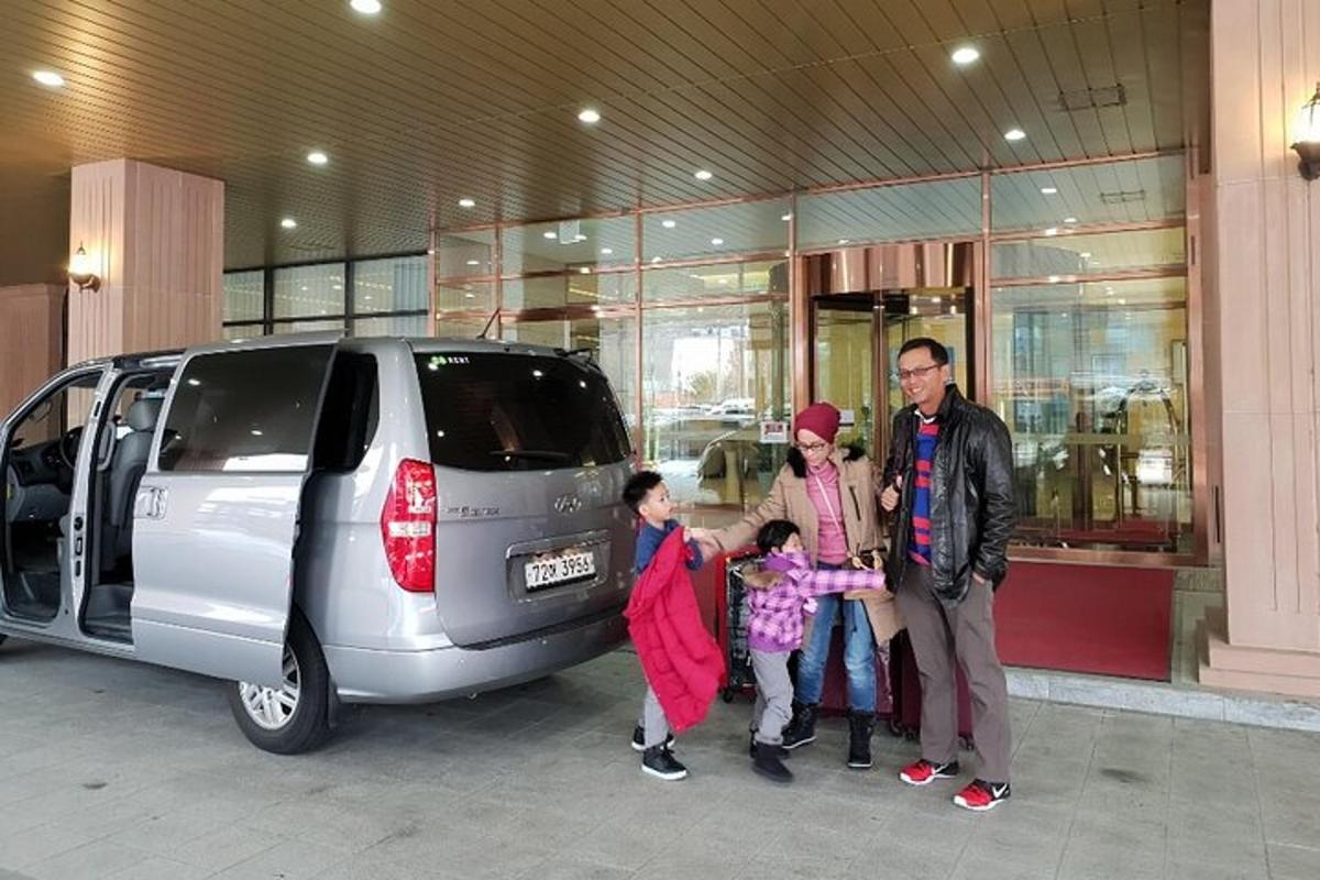 a family standing next to a van in front of a store