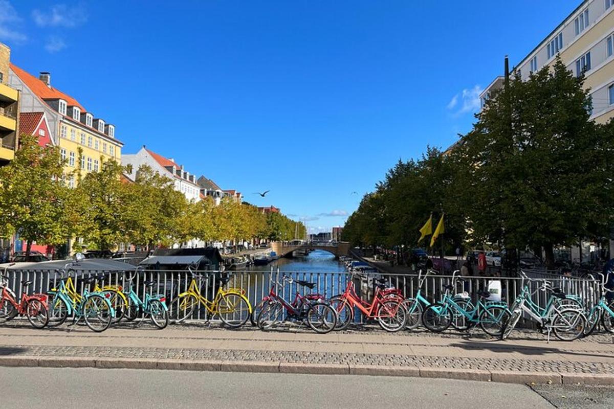 a row of bikes parked on a fence next to a river