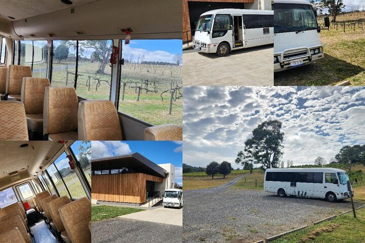a collage of photos of buses parked in a field