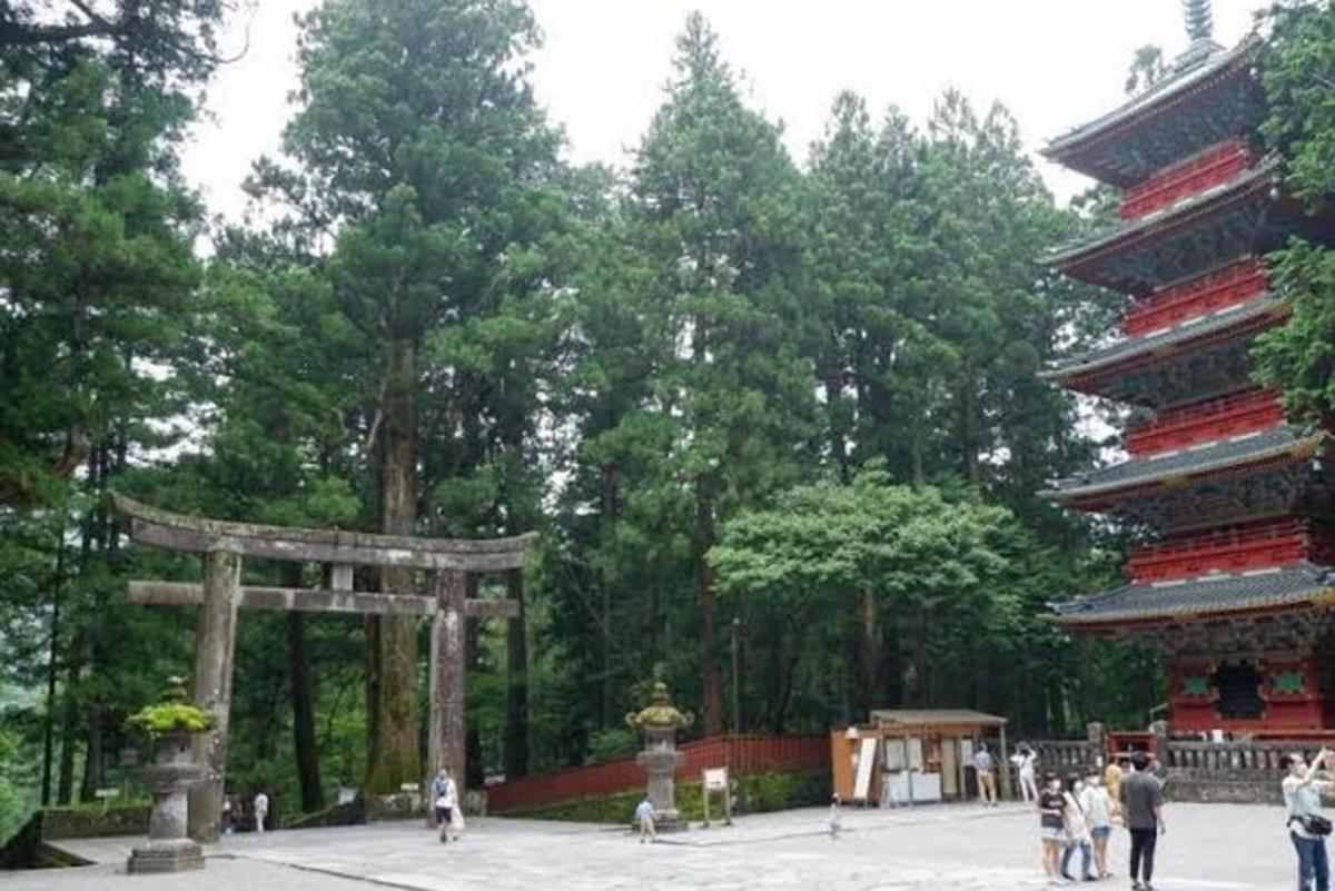 un cancello torii in un parco con persone che camminano intorno