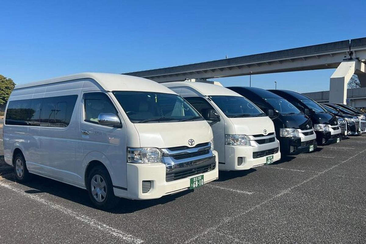 un rând de autobuze albe parcate într-o parcare
