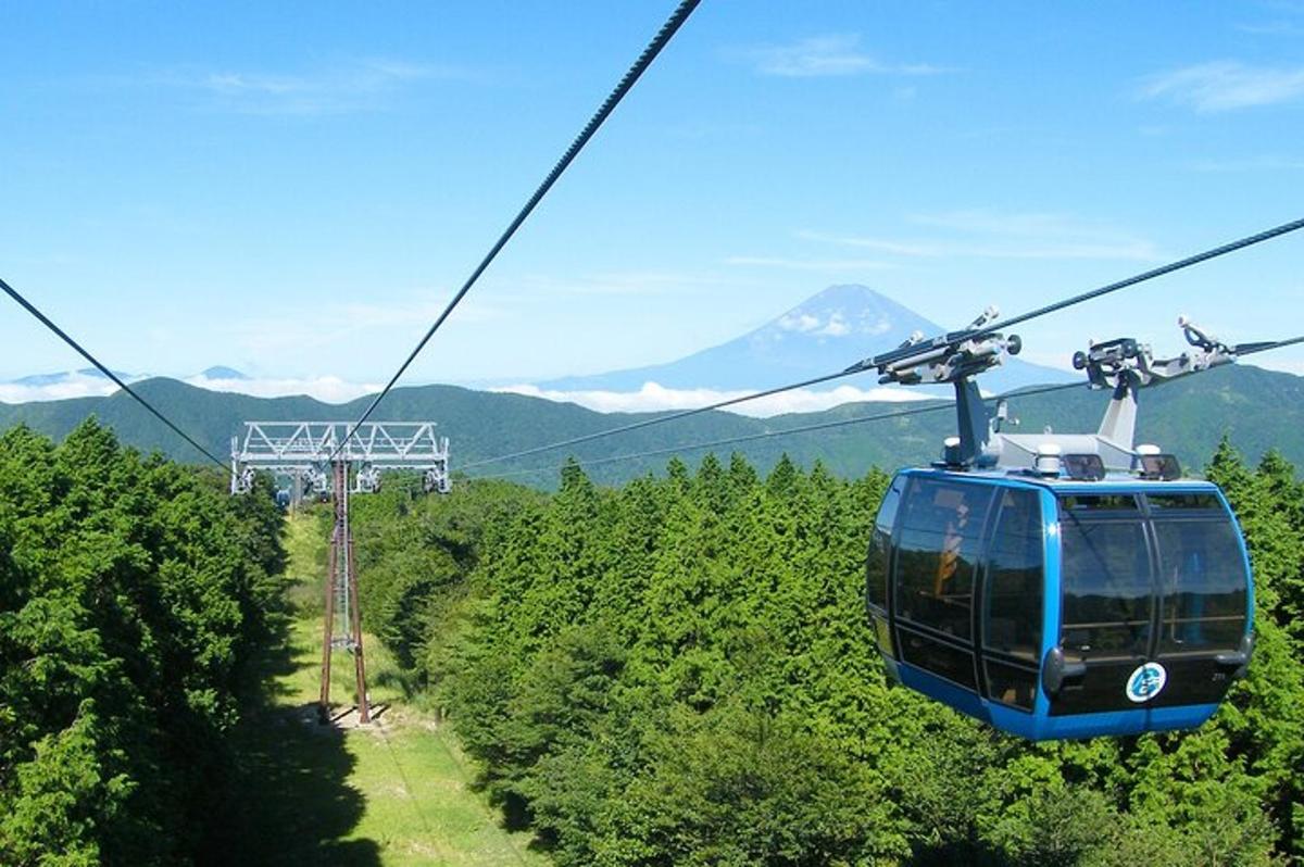 a blue cable car flying over a forest