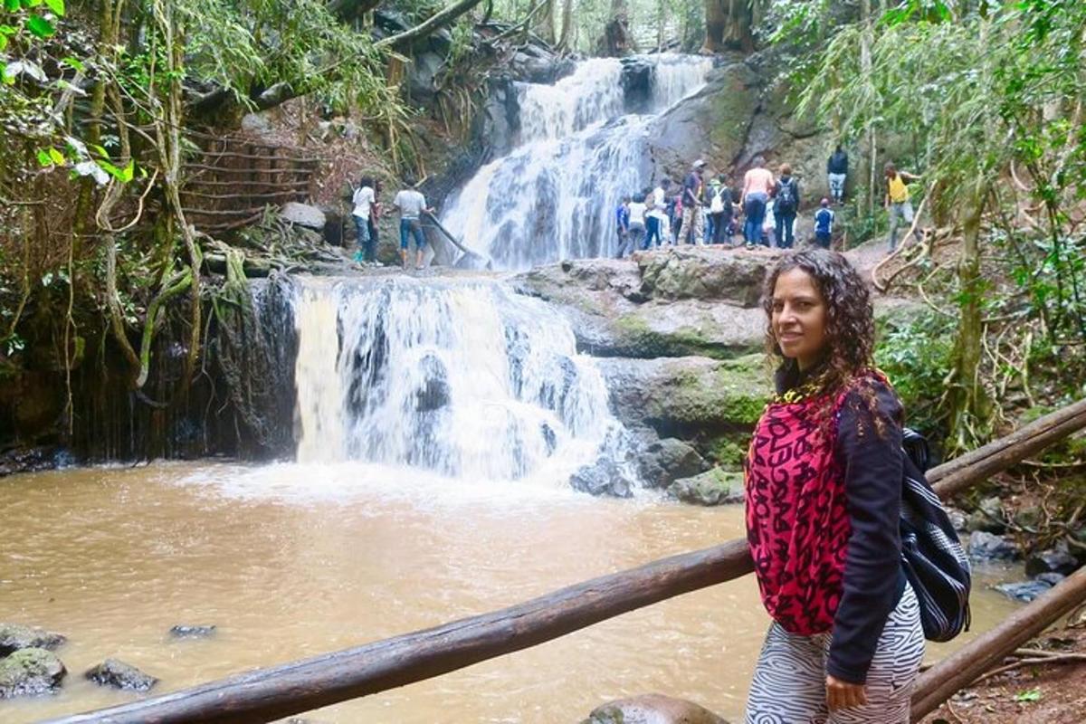 una dona dempeus davant d'una cascada