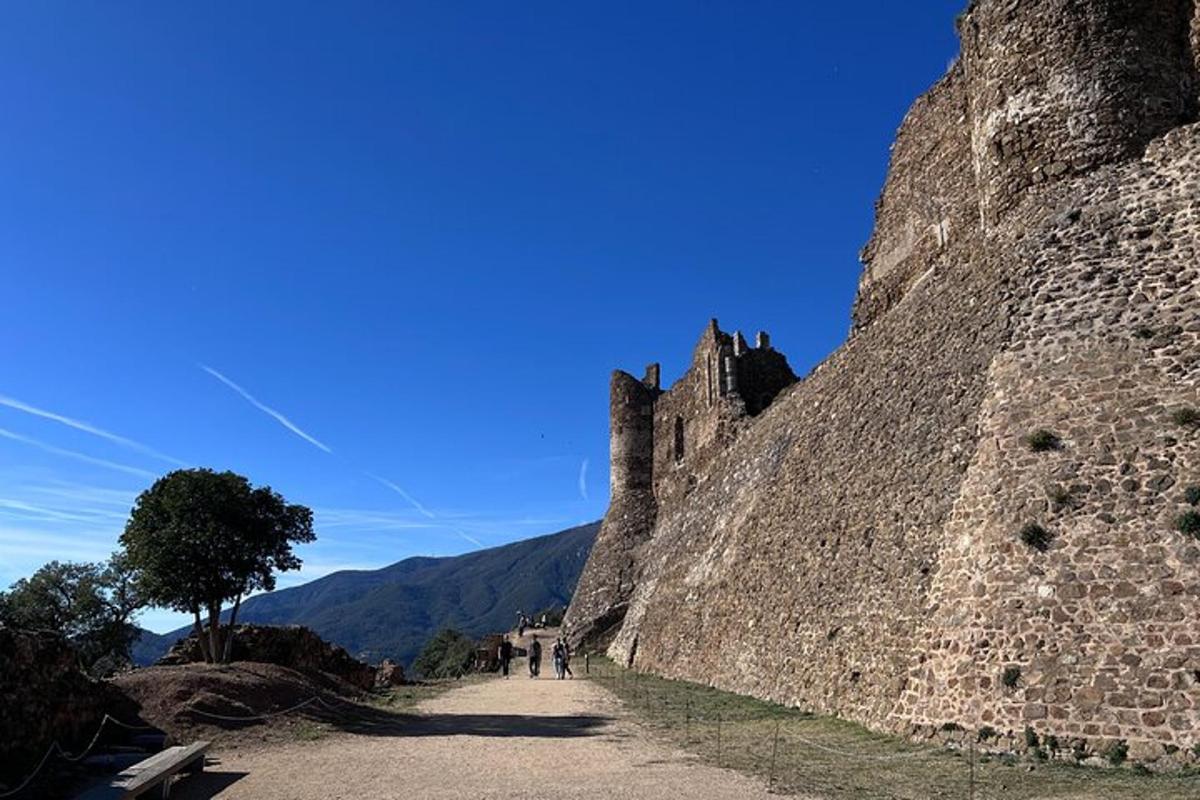 gente caminando por una calle junto a un castillo