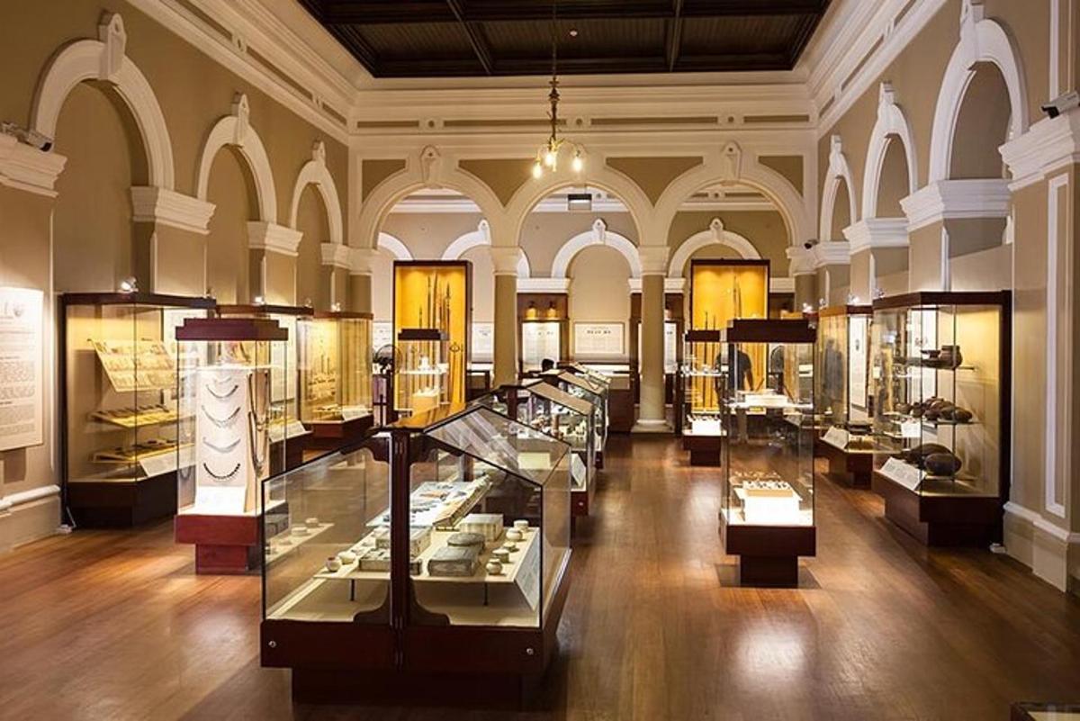 a large room with many display cases in a museum