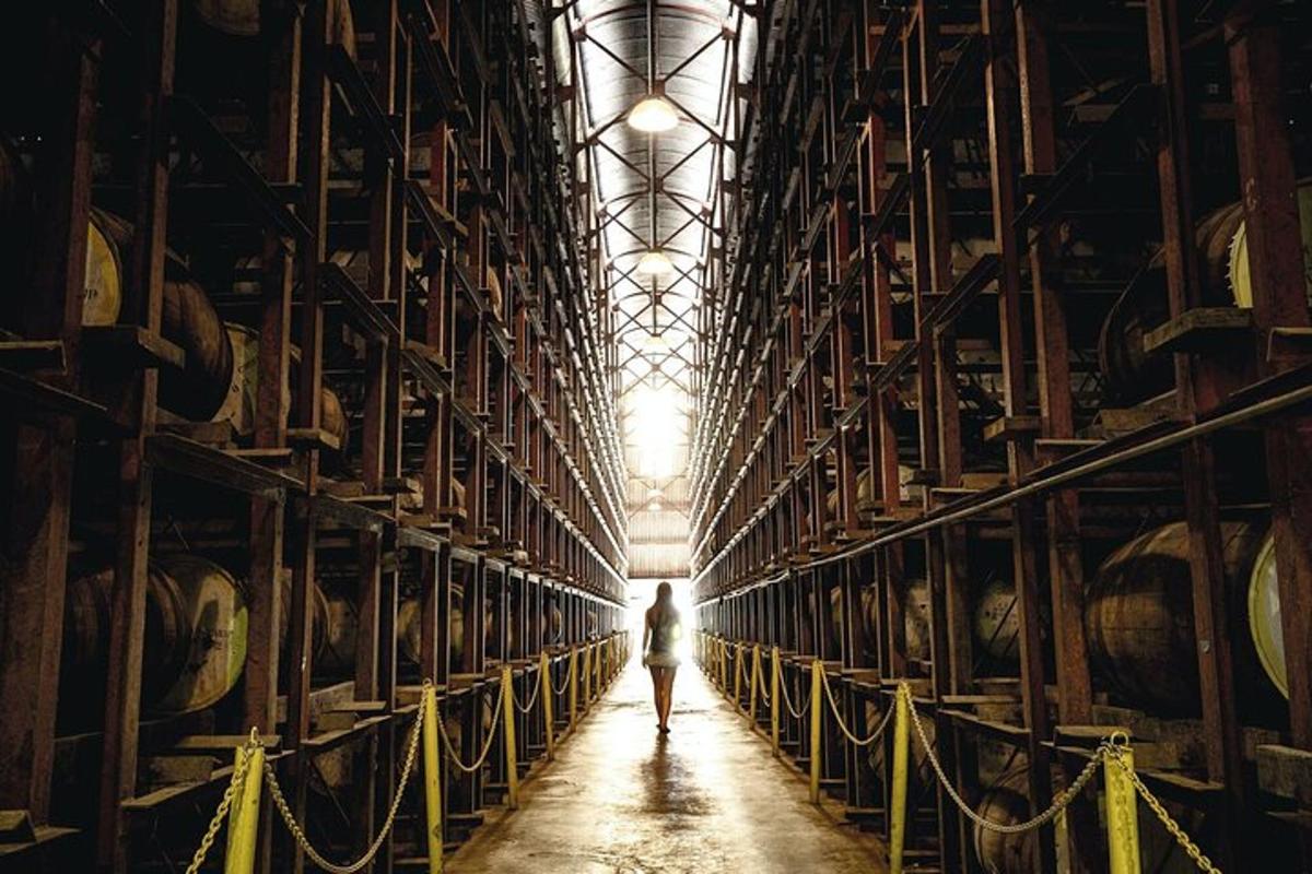 a woman walking through a tunnel in a wine cellar