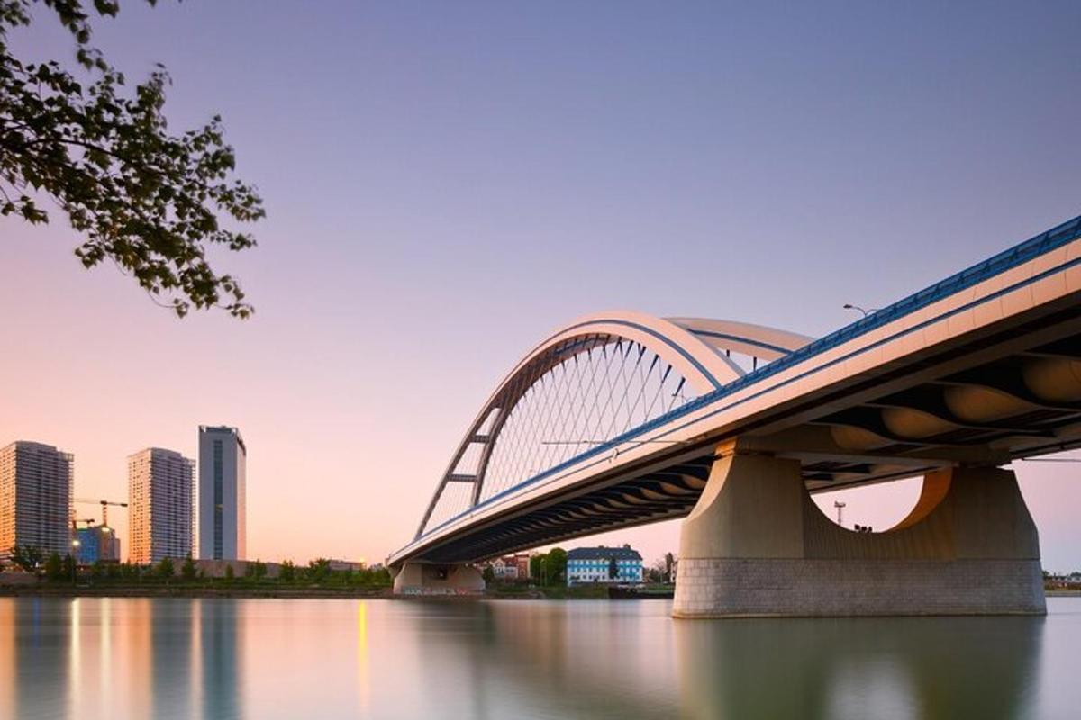 uma ponte sobre um rio com uma cidade ao fundo