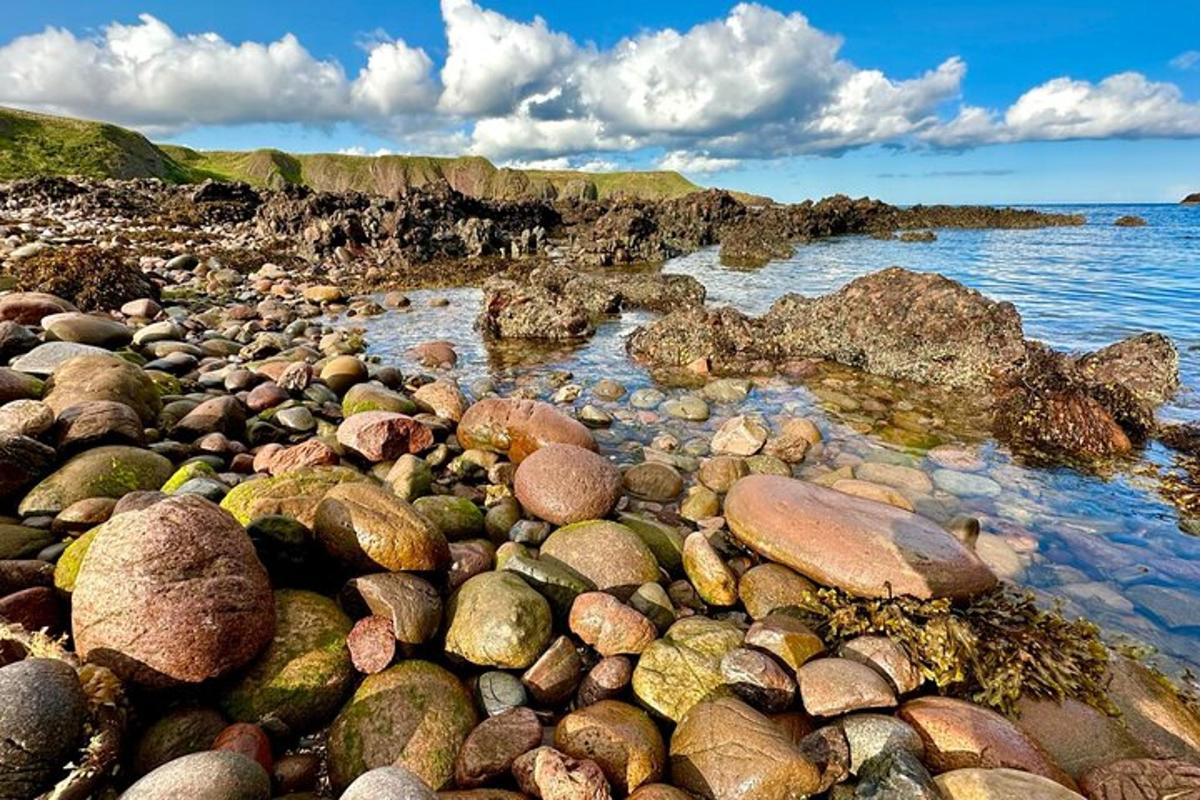 a pile of rocks on a beach near the water