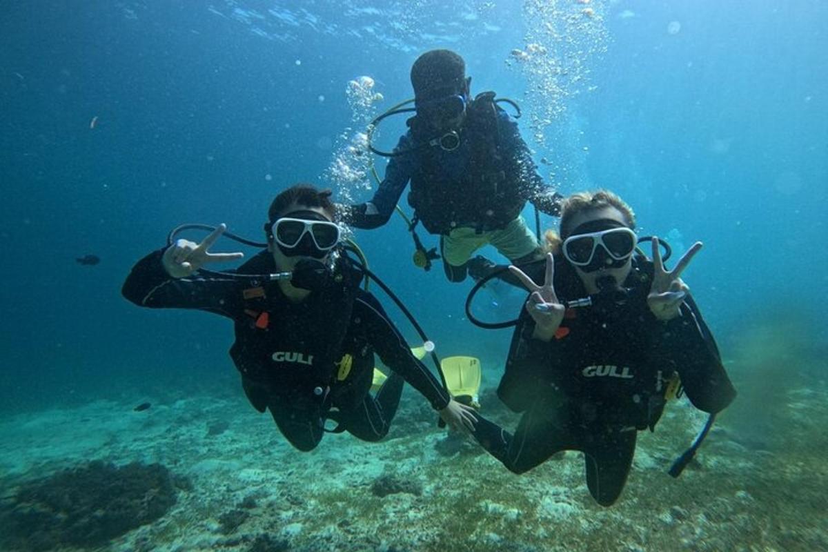 tatlong tao ang scuba diving sa karagatan