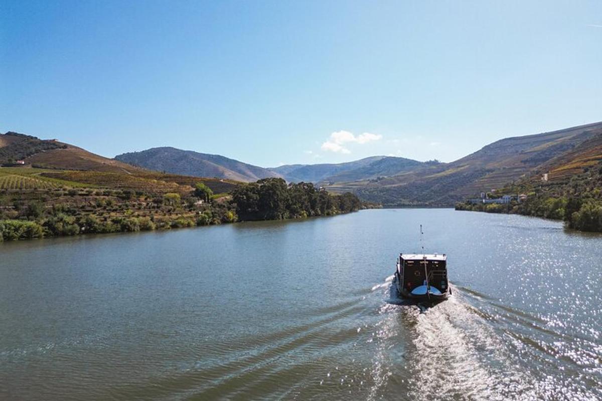 a boat on a river with mountains in the background