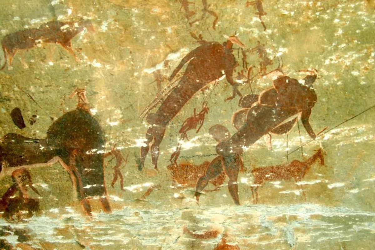 a painting of people playing in the water