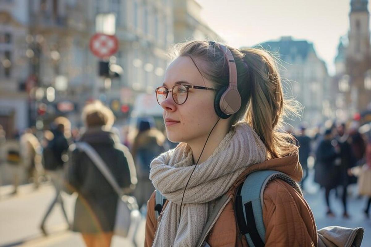 жена са слушалицама на прометној градској улици