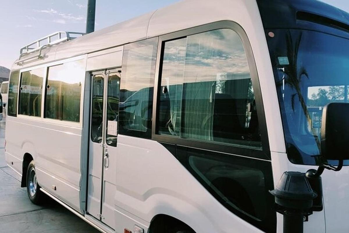 a white and black bus parked in a parking lot