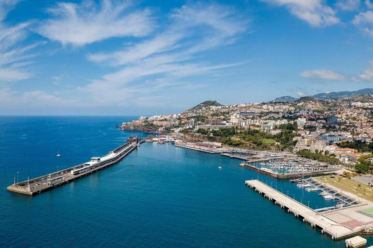 an aerial view of a marina with a city