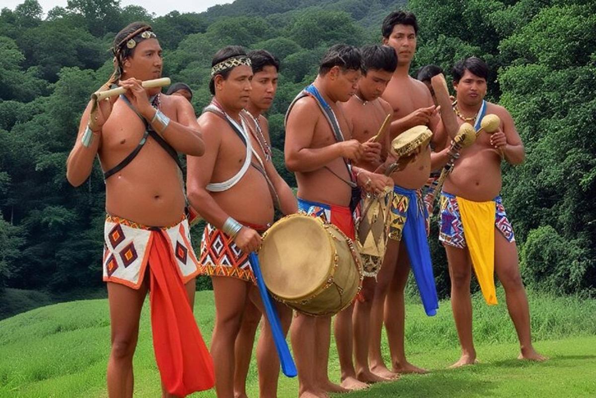 un grup d'homes drets en un camp tocant tambors