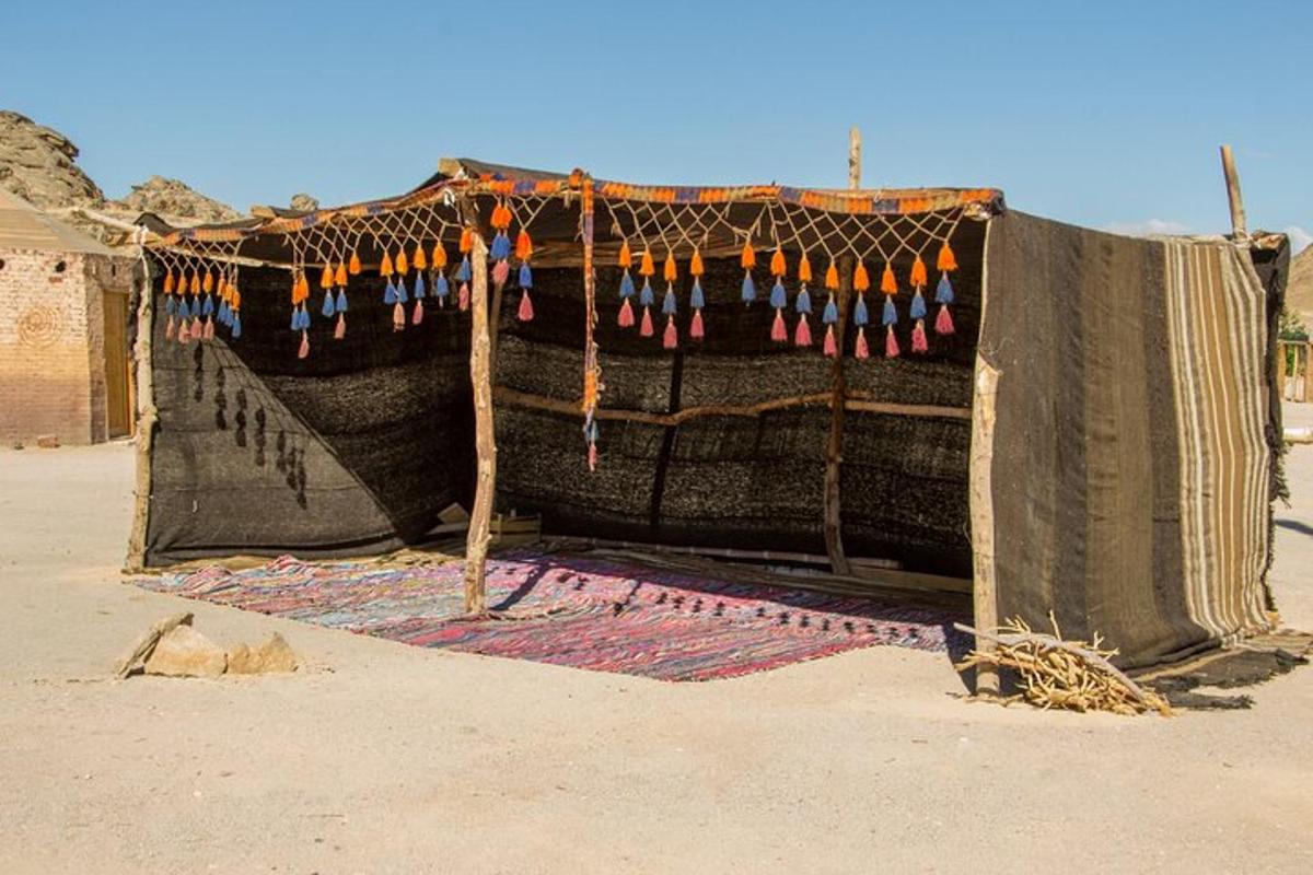 una tenda sulla spiaggia con un tappeto