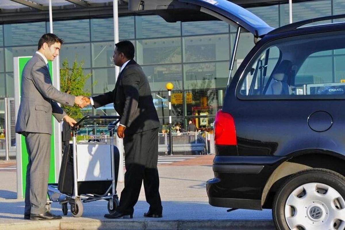 twee mannen schudden elkaar de hand voor een auto