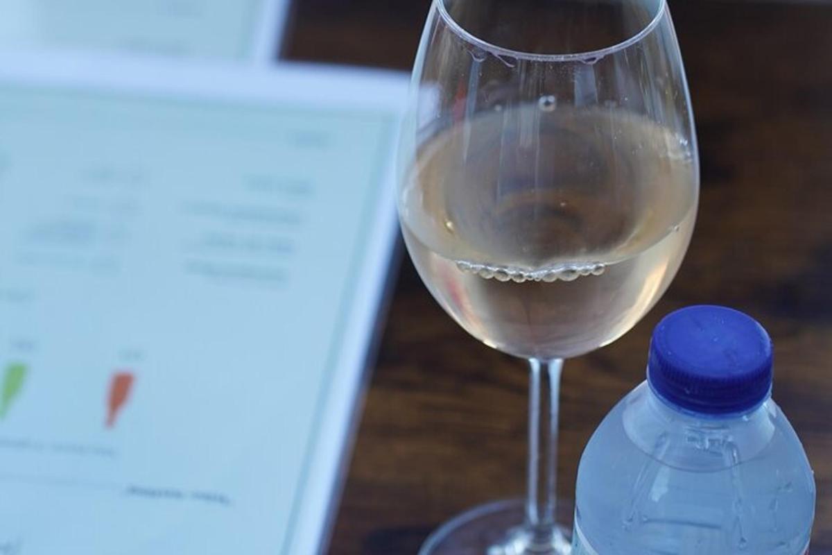 un bicchiere di vino bianco accanto a una bottiglia