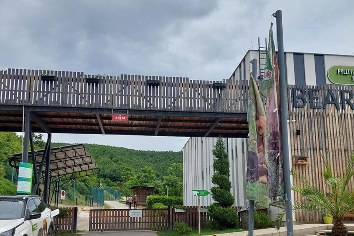 a pedestrian bridge over a street with a building