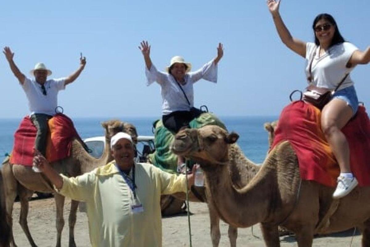 un groupe de personnes à dos de chameau sur la plage