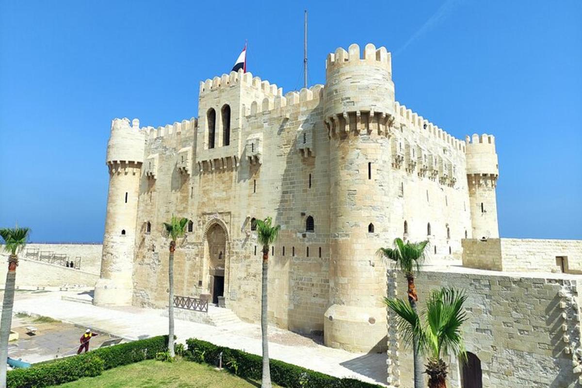 un gran castell amb palmeres al davant