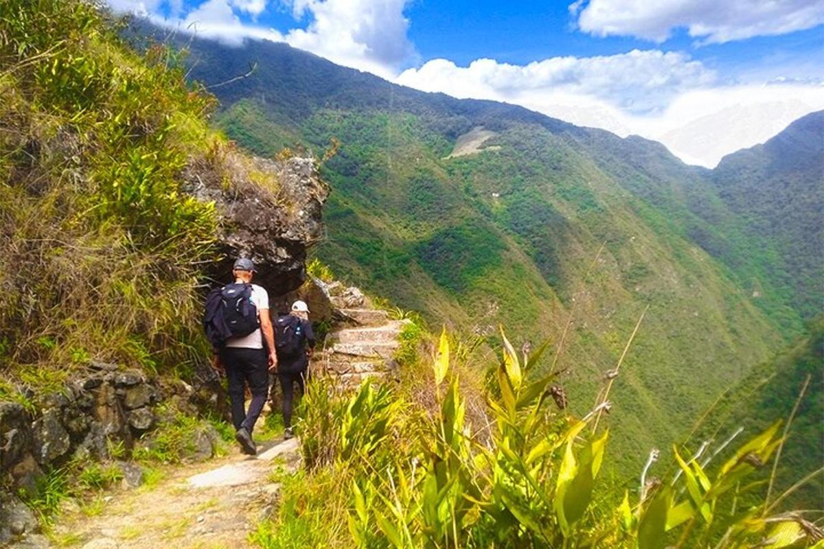 Dos personas caminando por un sendero de tierra en una montaña.