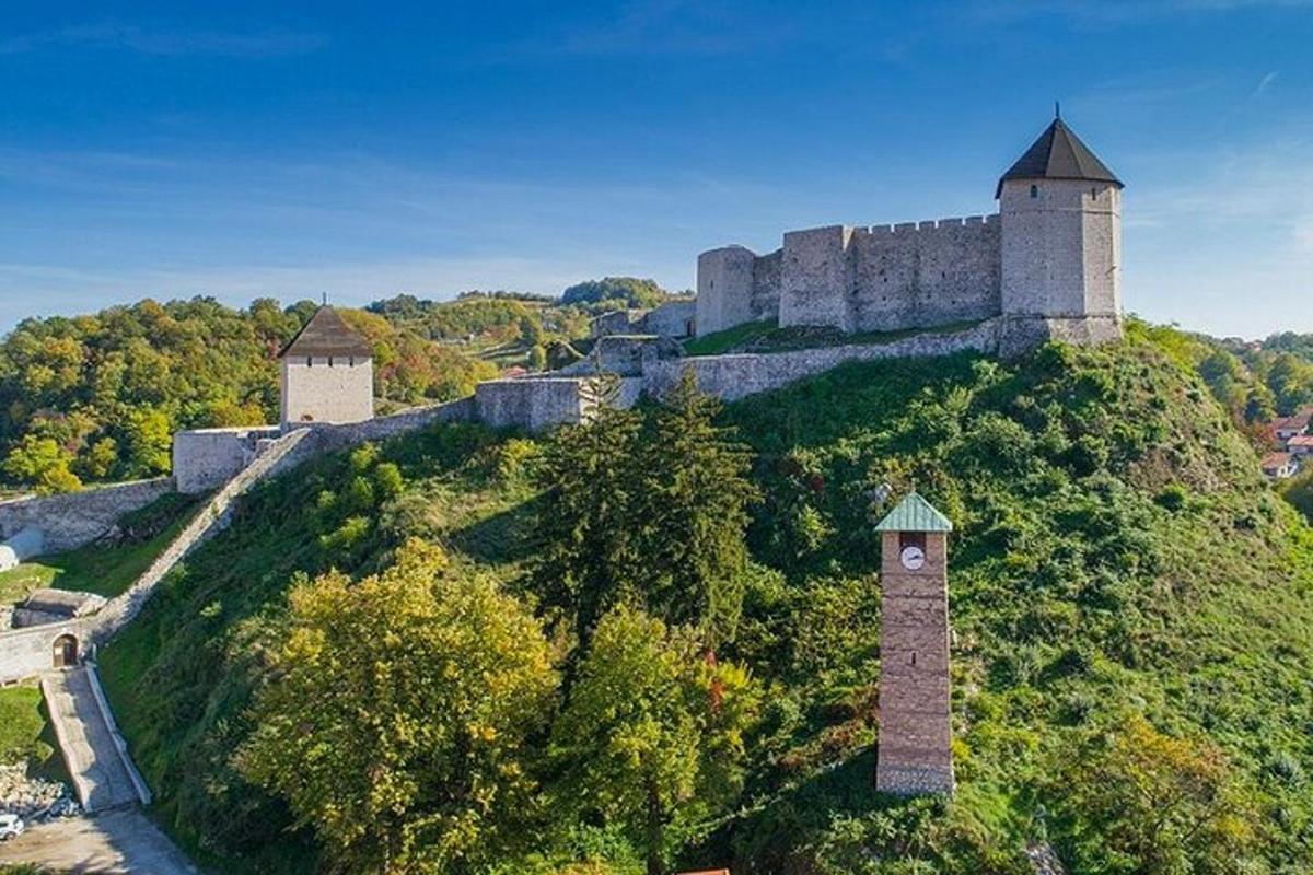 an old castle on top of a hill with trees
