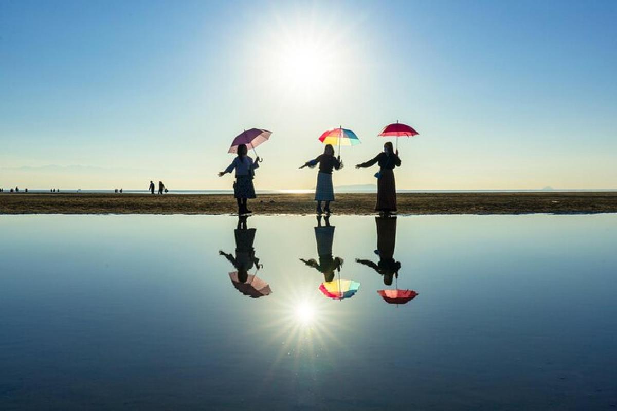 a group of people walking on the beach with umbrellas