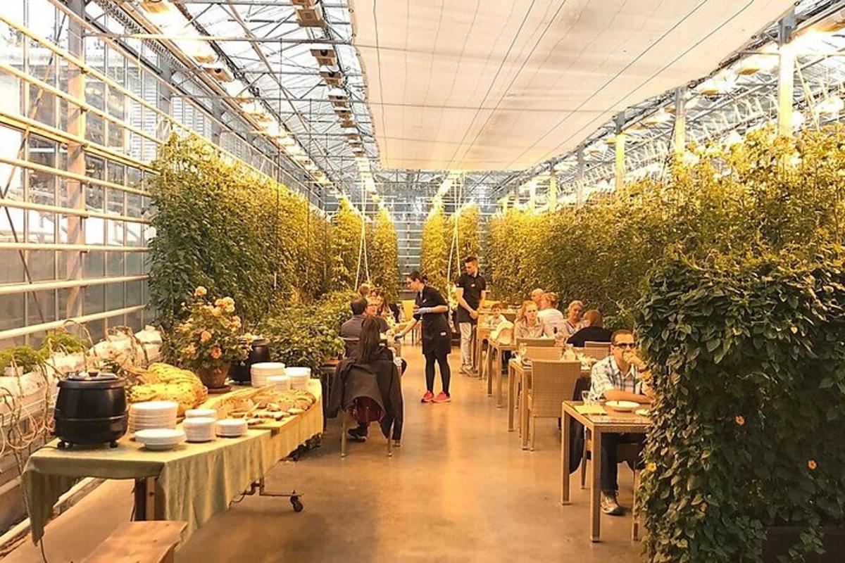 kasvuhoone, kus inimesed istuvad laudade taga