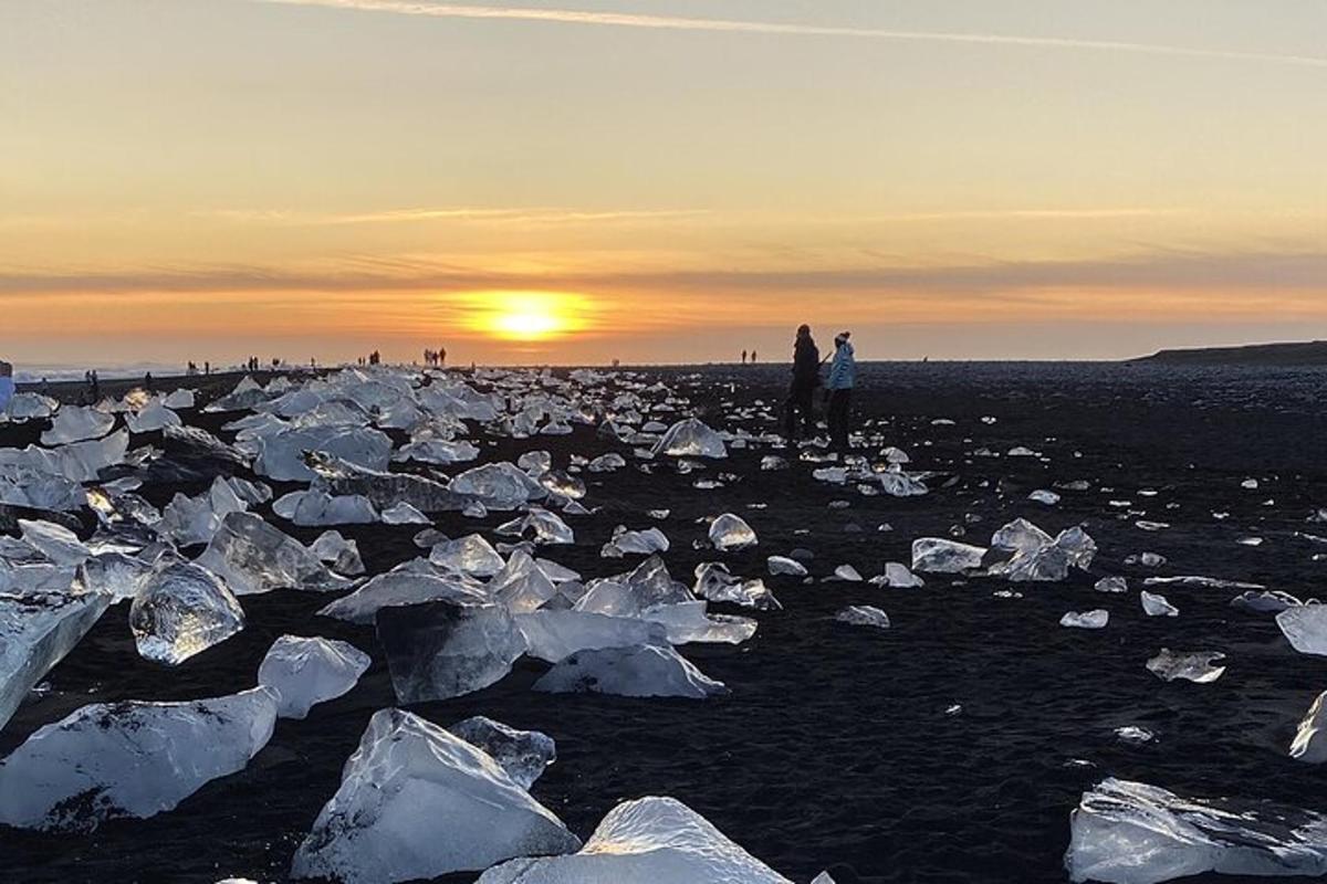 isang grupo ng mga tao na nakatayo sa isang beach na may mga iceberg