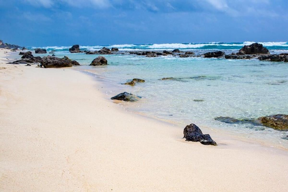 una playa de arena con rocas en el agua