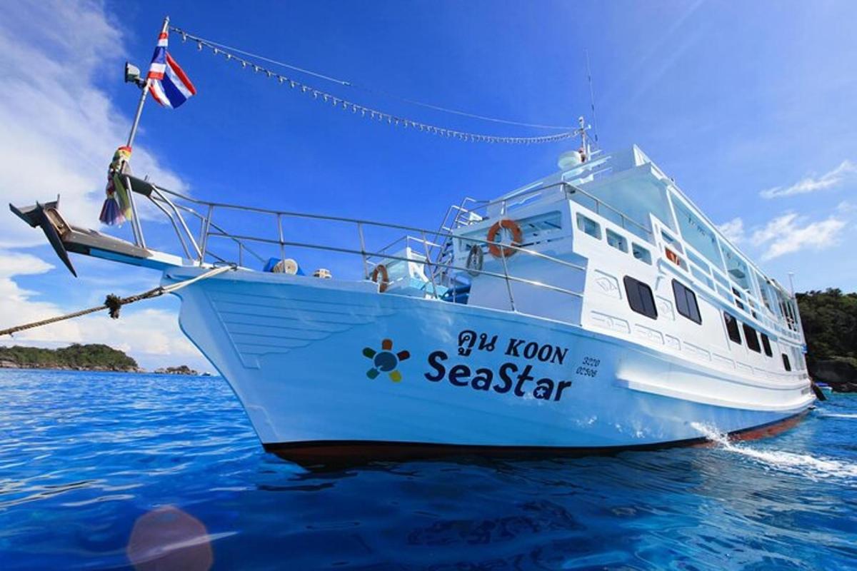 Un barco blanco en el agua con una bandera en él.