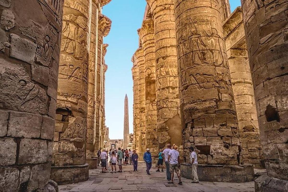 a group of people walking through an old building