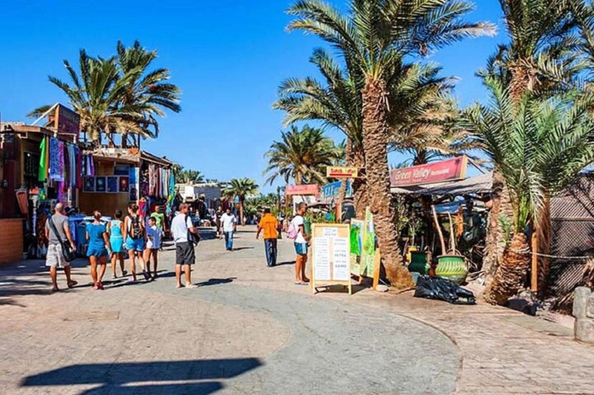 a group of people walking down a street with palm trees
