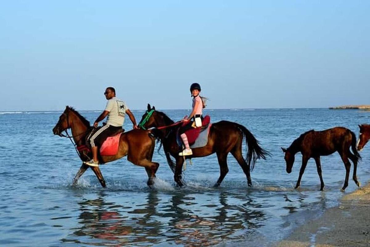 Tres personas montando a caballo en el agua en la playa