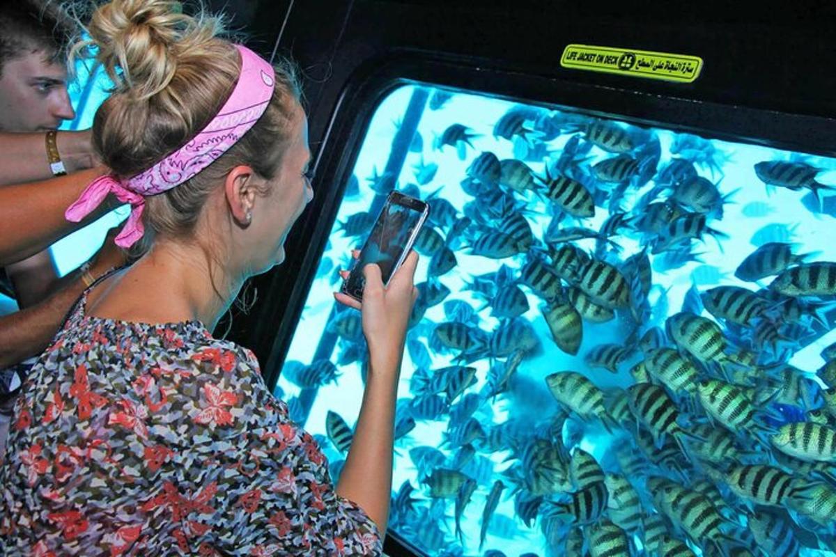 een vrouw die een foto maakt van vissen in een aquarium