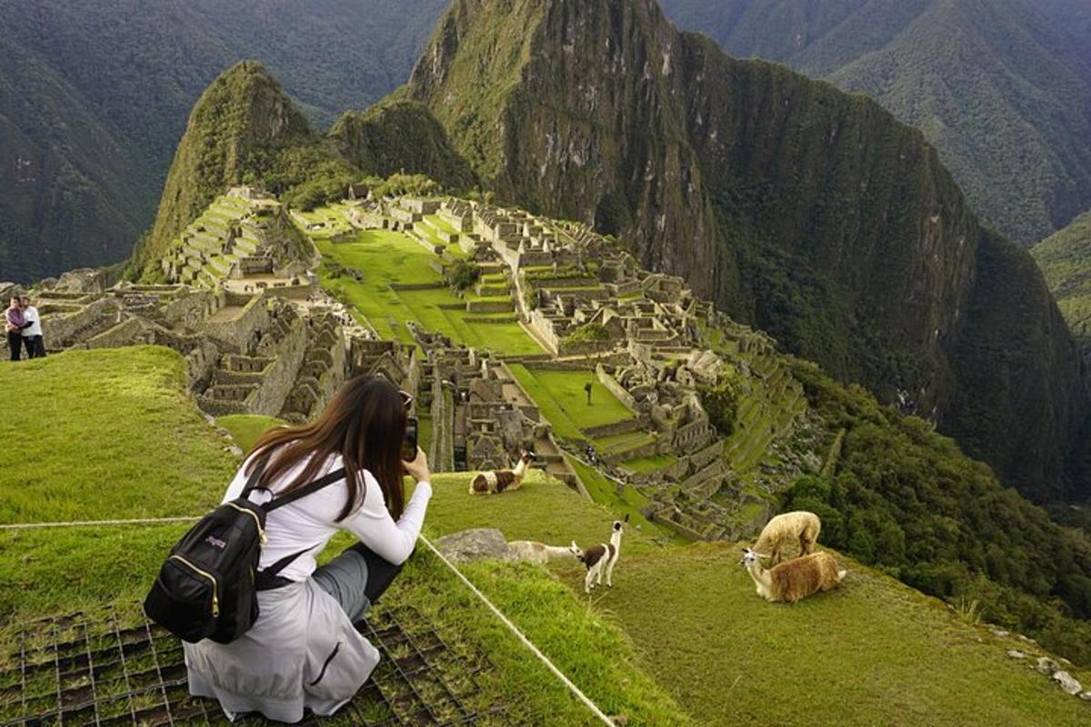 Una mujer sentada en una cornisa mirando una montaña