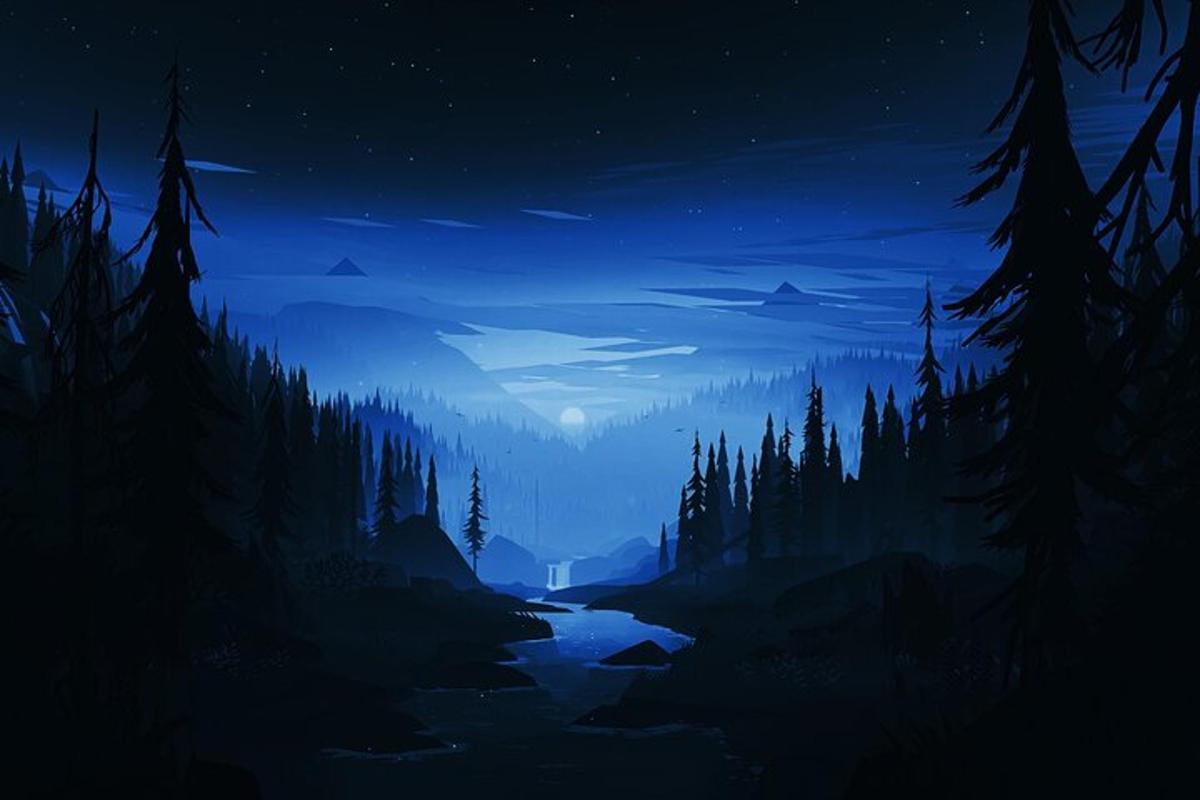 una pintura d'un bosc de nit amb un riu