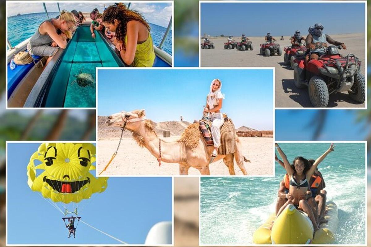 Un collage de fotografías con gente en una playa y un camello.