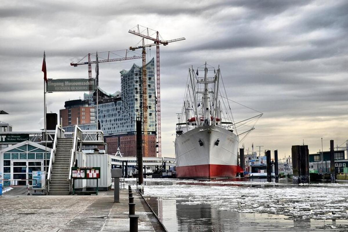 a large boat is docked in a harbor