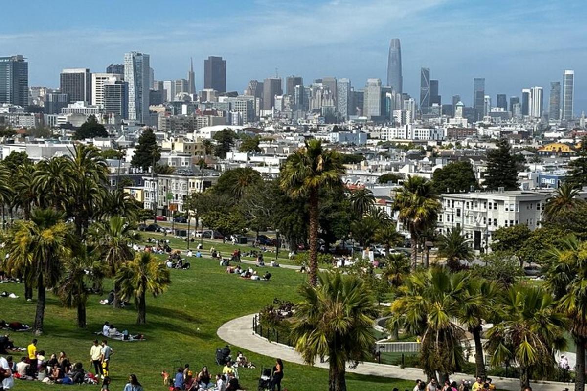 a group of people in a park with a city in the background