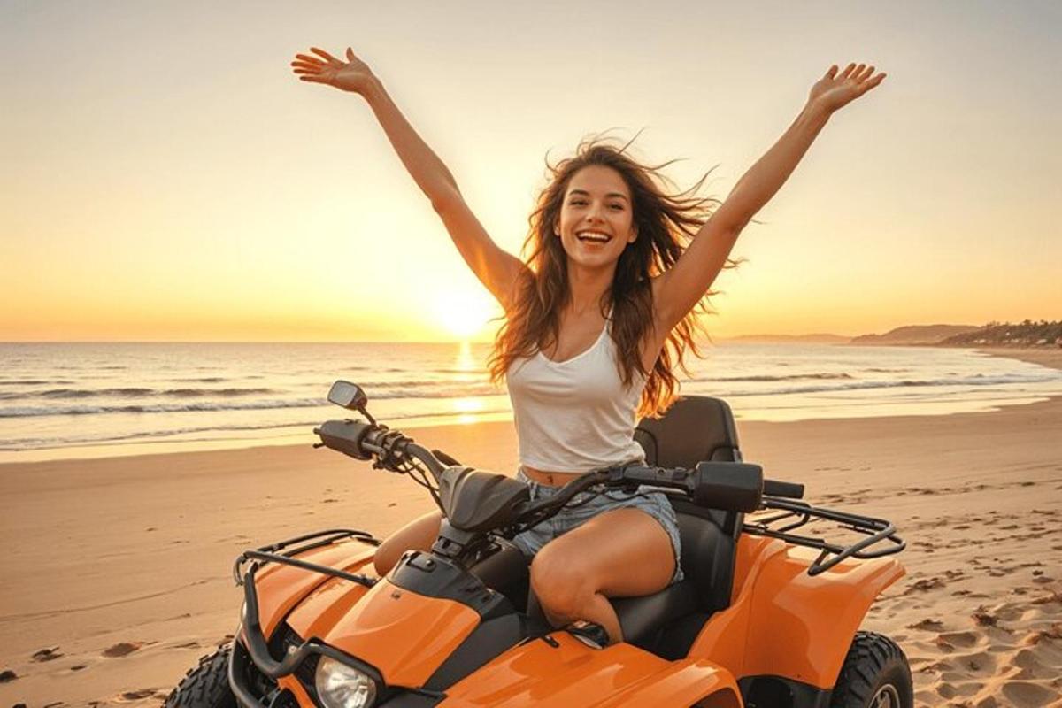 seorang wanita menunggang basikal quad di pantai