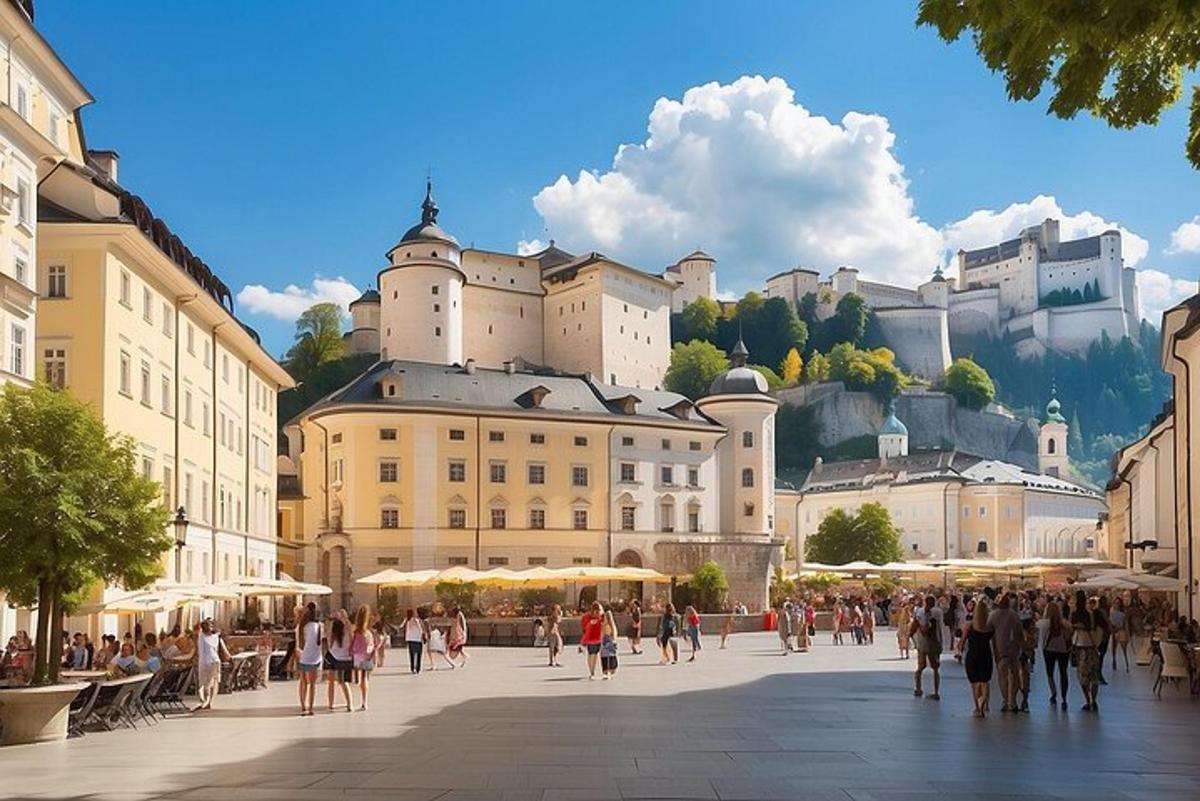 skupina lidí procházejících se na náměstí před hradem