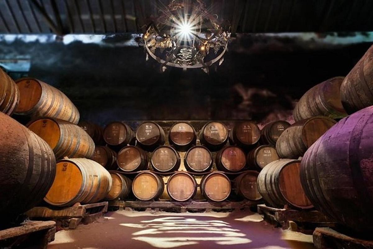 uma sala cheia de barris de madeira com um lustre