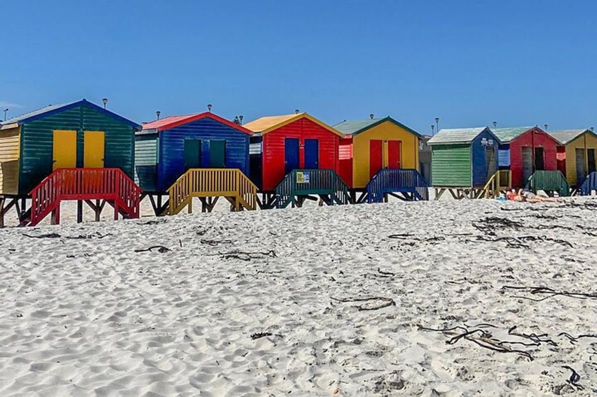 uma fileira de casas de praia coloridas em uma praia de areia